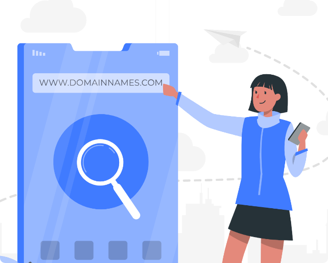 a woman pointing to a giant smartphone that has a domain name types in the url